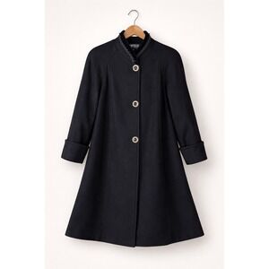 Vintage Black Wool Coat Velvet Trim Stand Collar Military-Inspired A-Line USA M